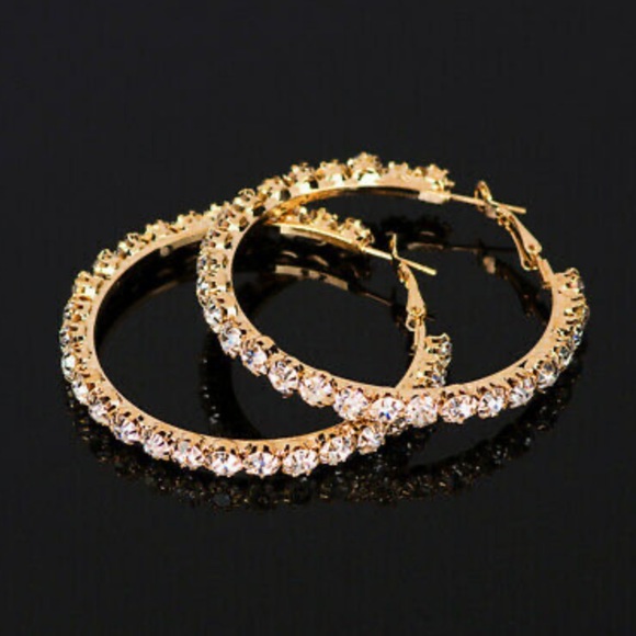 NEW 18k Gold Plated Diamond Hoop Earrings - Picture 2 of 5